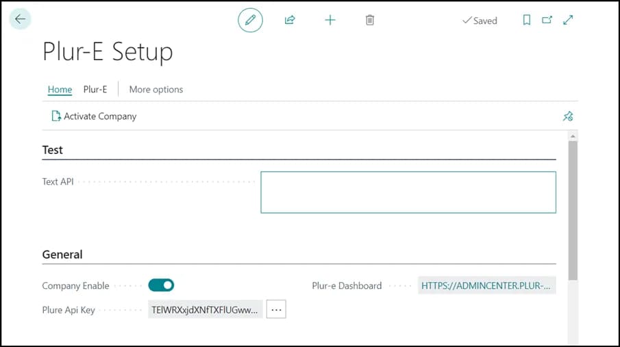 Plur-E Setup page in Business Central with all settings and the link to the Admin Center