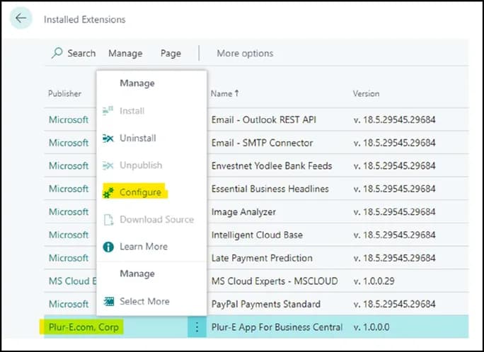 Extension Management page with the Plur-E extension selected and the Configure action
