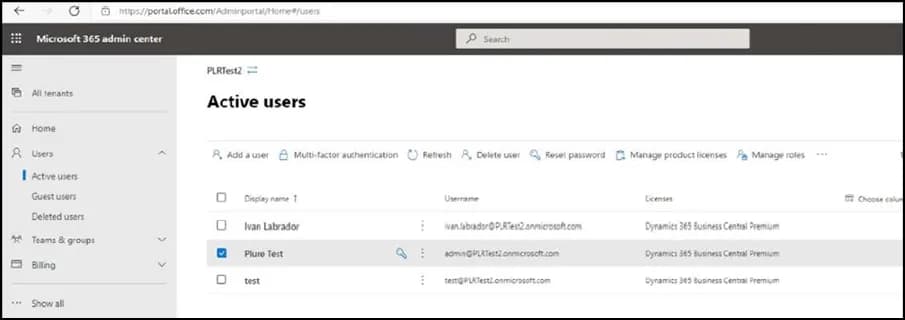 Microsoft 365 admin center user list with a user selected