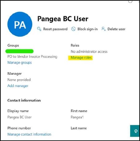 User details pane in the Microsoft 365 admin center with the Manage roles link highlighted