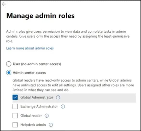 Manage admin roles dialog with Admin center access and Global Administrator selected