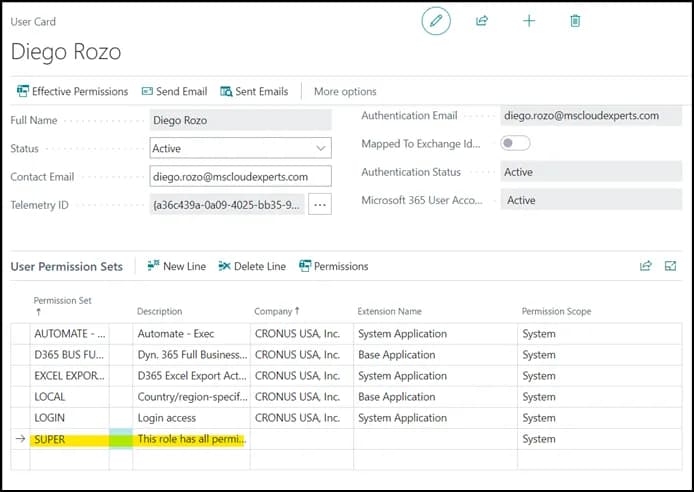 Business Central user card showing the SUPER permission set assigned