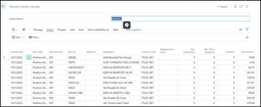 Physical Inventory Journals page in Business Central