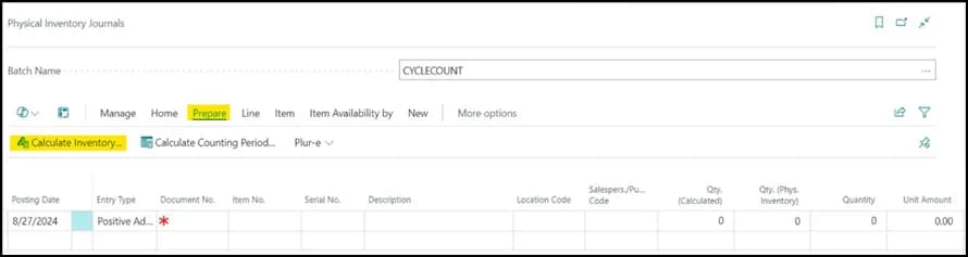 Calculate Inventory action on the journal batch