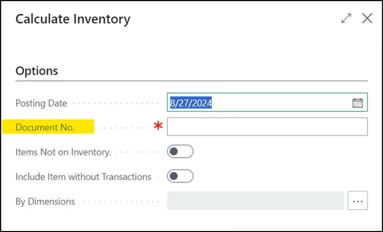 Calculate Inventory request page with the document number