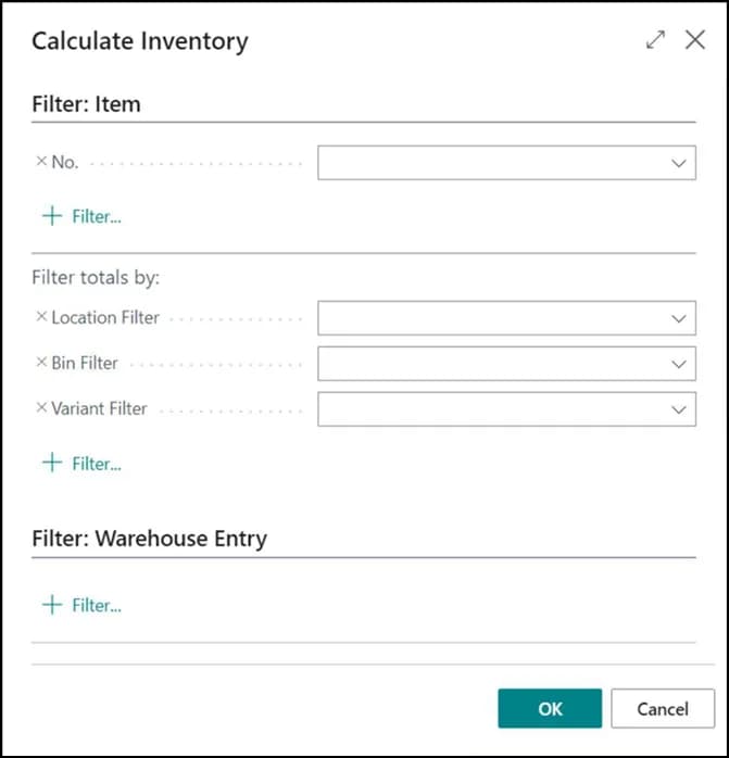Item and totals filters on the Calculate Inventory request page
