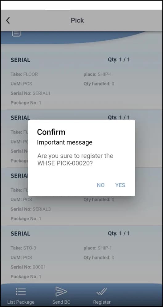 Register pick action in Plur-e Mobile