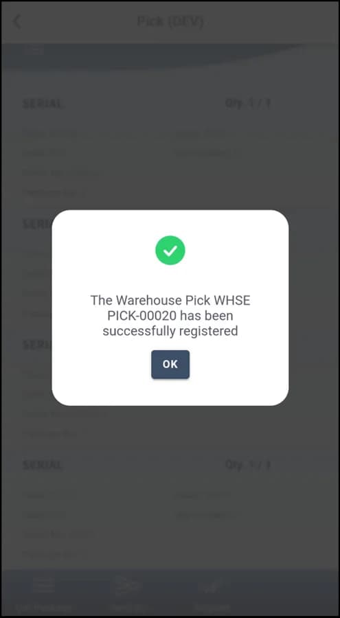Confirmation of the registered pick