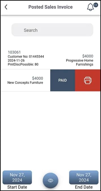 Posted Sales Invoice list with the Pay action revealed by swiping right