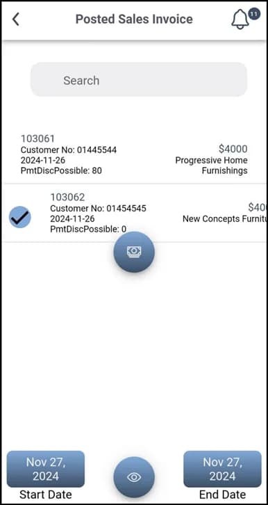 Multiple posted invoices selected with the Pay Invoices button