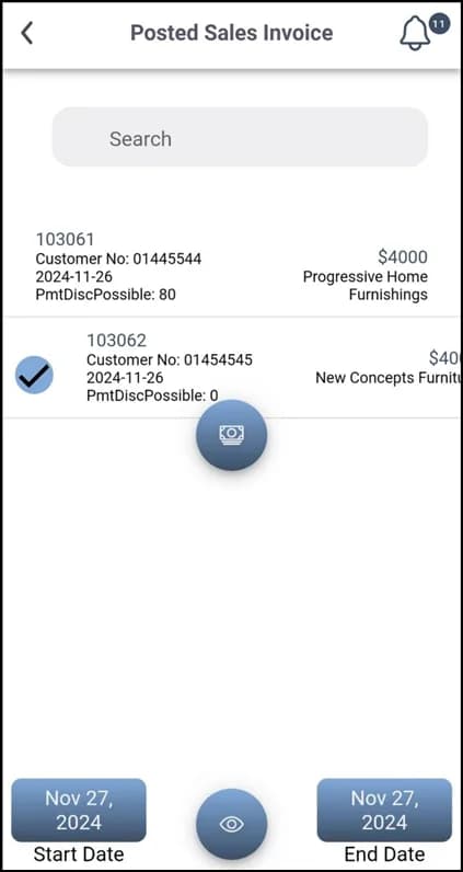 Posted Sales Invoice Payment list in Plur-e Mobile