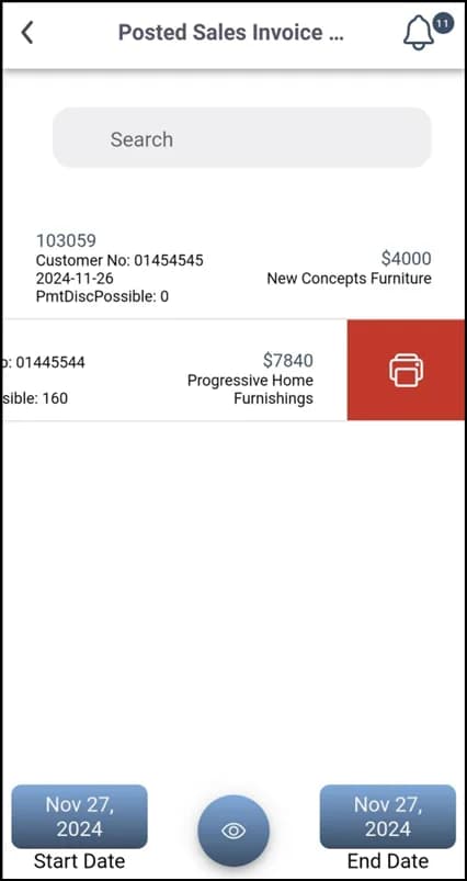 Print action revealed by swiping right on a paid invoice