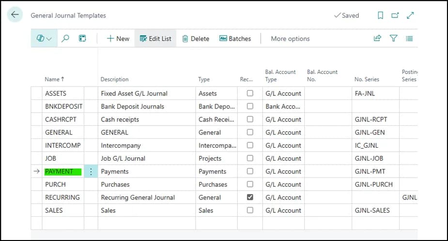 General Journal Templates page in Business Central with a Payments template