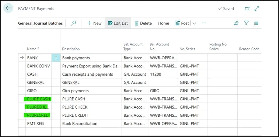 General Journal Batches page with Name, Bal. Account Type, Bal. Account No. and Payment Method Code columns