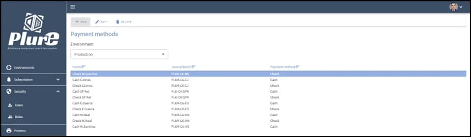 Payment methods list in the Admin Center matching the Business Central batches
