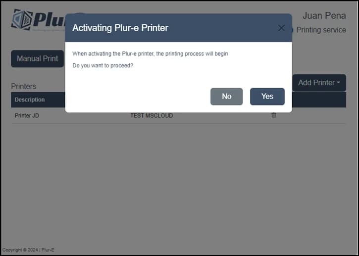 Printing service activated in Plur-e Printer