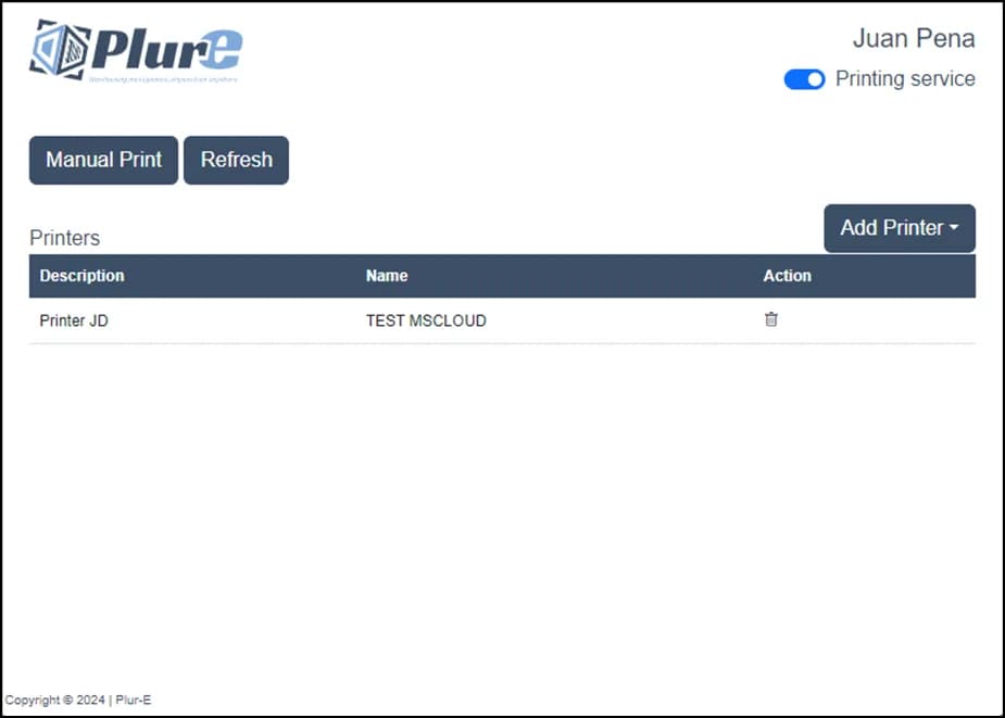 Printer listed as ready in Plur-e Printer