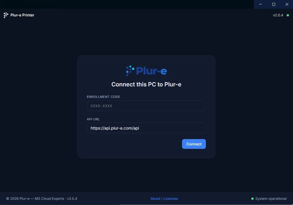 Pantalla Connect this PC to Plur-e de Plur-e Printer con los campos Enrollment code y API URL