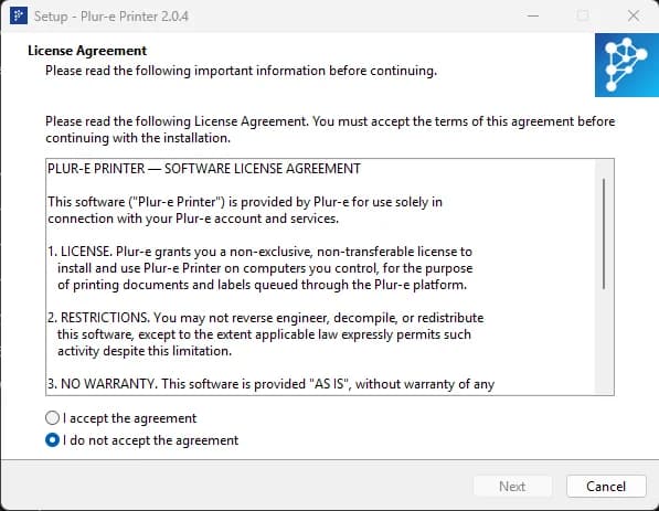 Asistente de instalación de Plur-e Printer 2.0.4 en el paso License Agreement