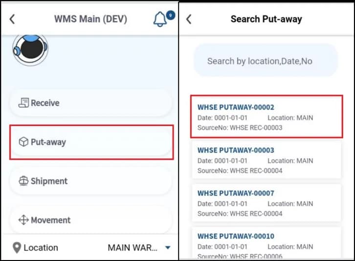 Whse. Put-away submodule in Plur-e Mobile