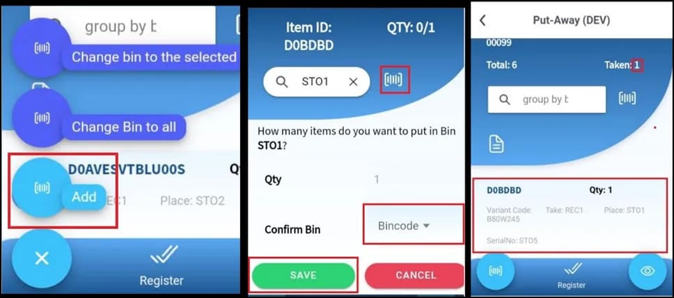 Dialog to enter quantity and destination bin code for a scanned item