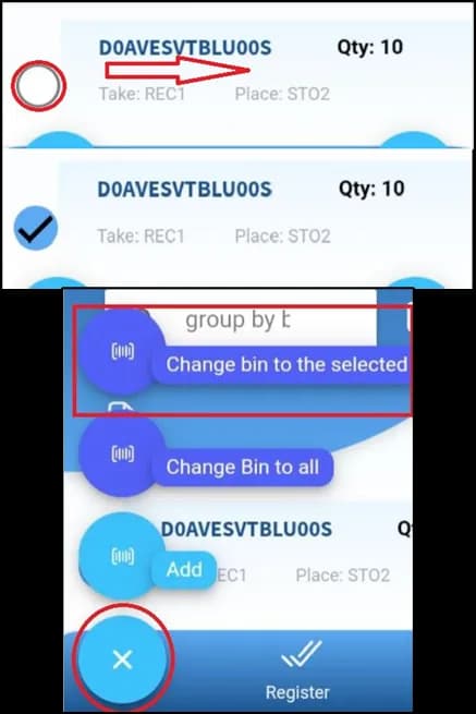 Line selected with the Change bin to the selected and Change bin to all actions
