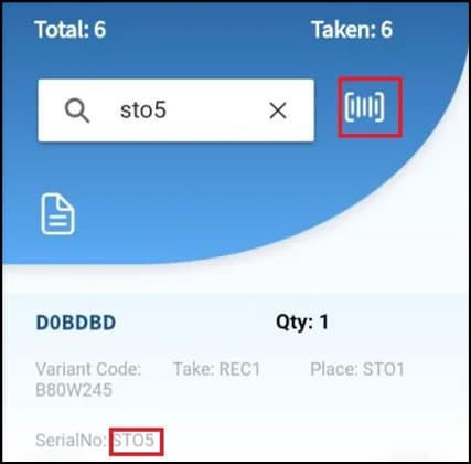 Search field for bin, item, variant, serial or lot