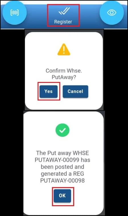 Confirmation prompt before registering the put-away