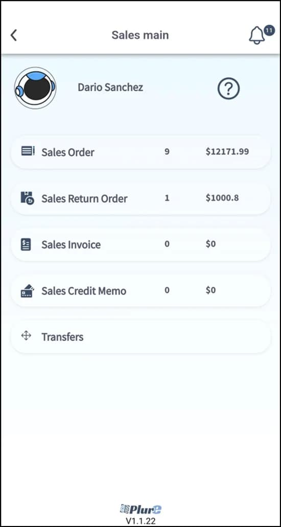 Plur-e Mobile home screen with the Sales module tiles