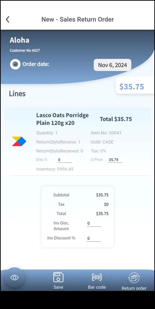 Sales Return Orders screen in Plur-e Mobile
