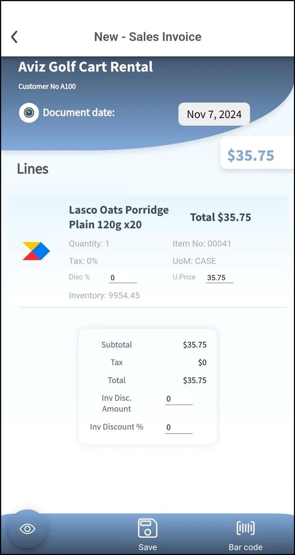 New sales invoice header with customer lookup