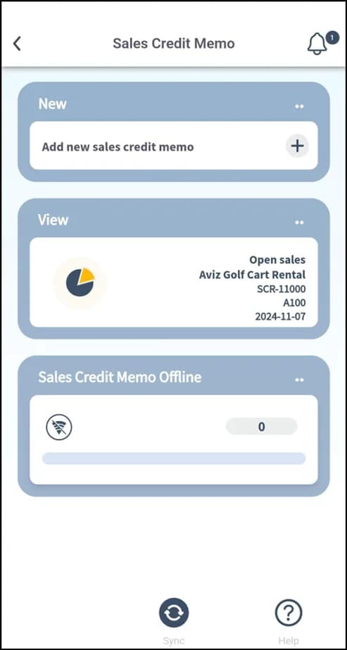 Sales Credit Memo screen in Plur-e Mobile