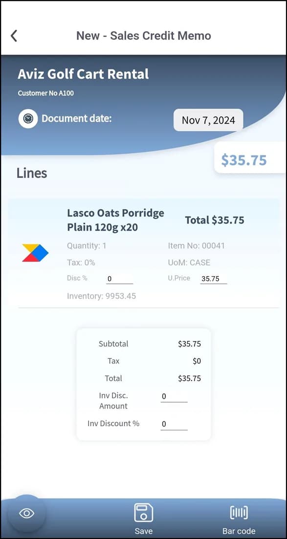 New credit memo header with customer selection