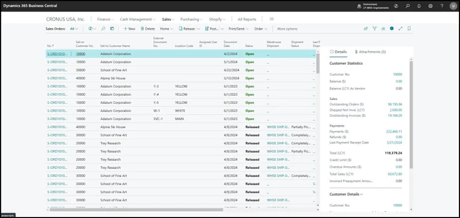 Sales order card in Business Central with customer information