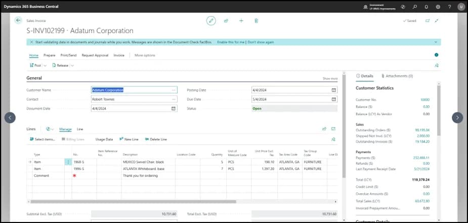 New sales invoice card in Business Central