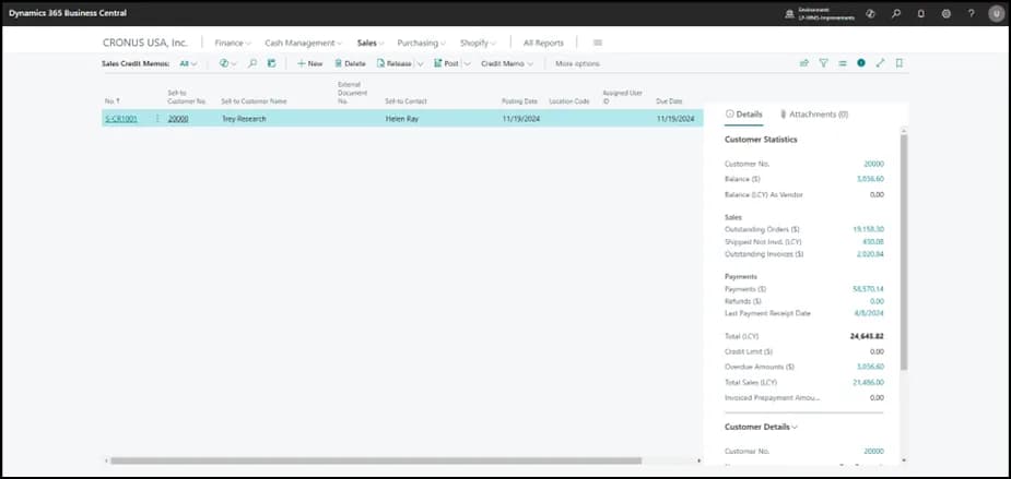 Posted sales invoice with the Create Credit Memo action