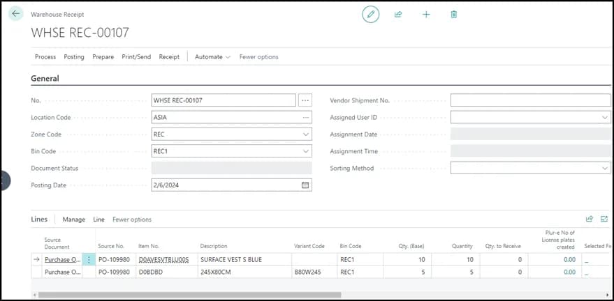 Plur-e Mobile Warehouse module with the Whse. Receipt option