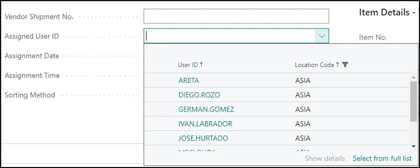 Warehouse receipt list showing the documents assigned to the user