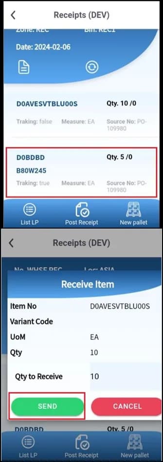 Serial number scanning screen with the list of scanned serials