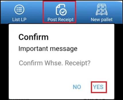 Post option at the bottom of the warehouse receipt screen
