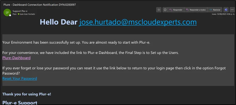 Confirmation email from Plur-e Support with the link to the Admin Center