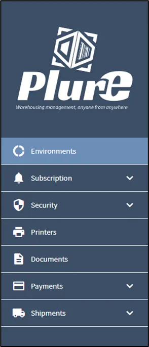 Admin Center side menu listing Environments, Subscription, Security, Printers, Documents, Payments and Shipments