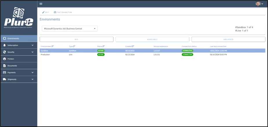 Environments page in the Admin Center showing the configured Business Central environment
