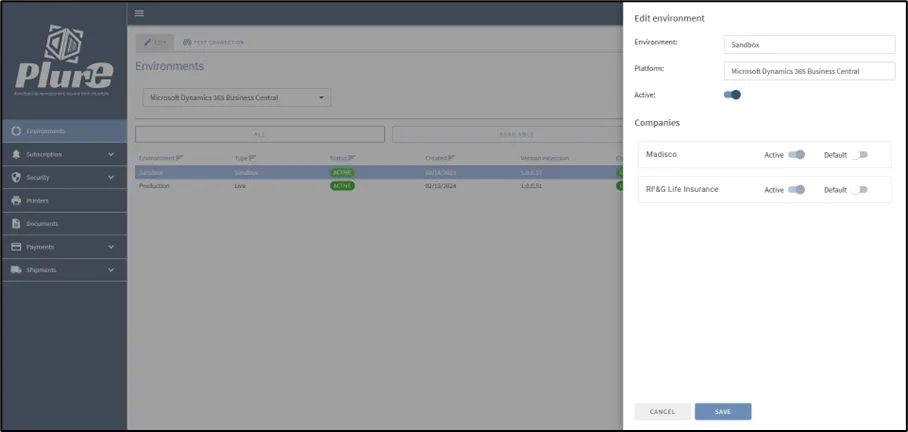 Environment edit form with the Test connection button