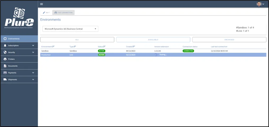 Result of Test connection for a Business Central environment