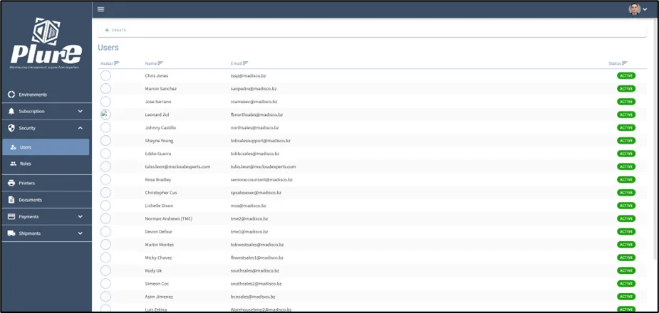 Users list in the Security section of the Admin Center