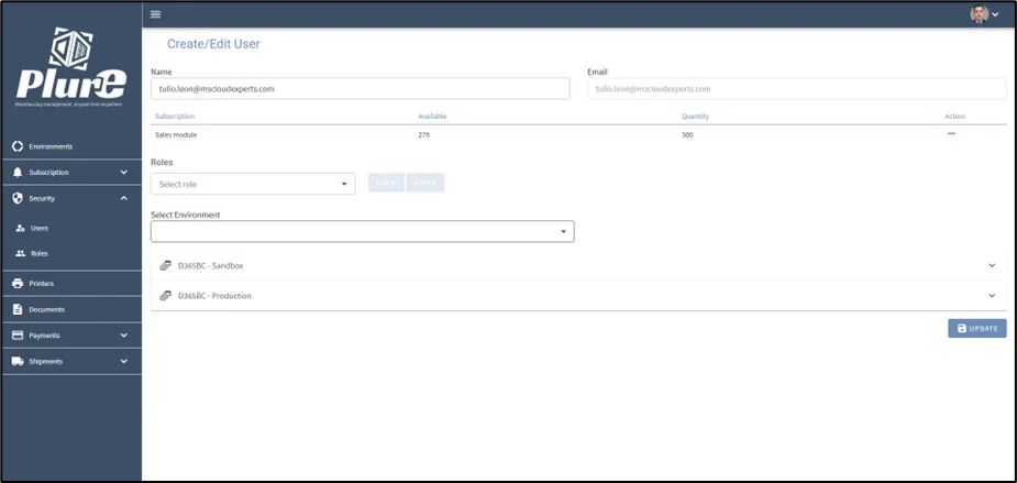 Edit user form showing permissions, roles and environments