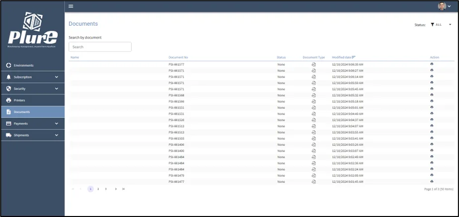 Documents history list in the Admin Center with view and print actions