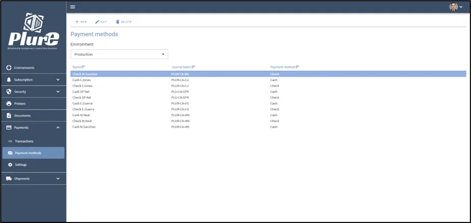 Payment methods list in the Admin Center