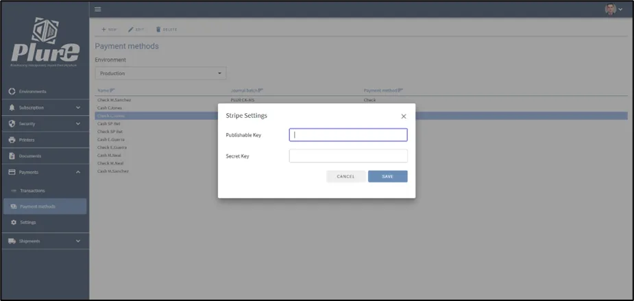 Stripe configuration fields in the Payments section